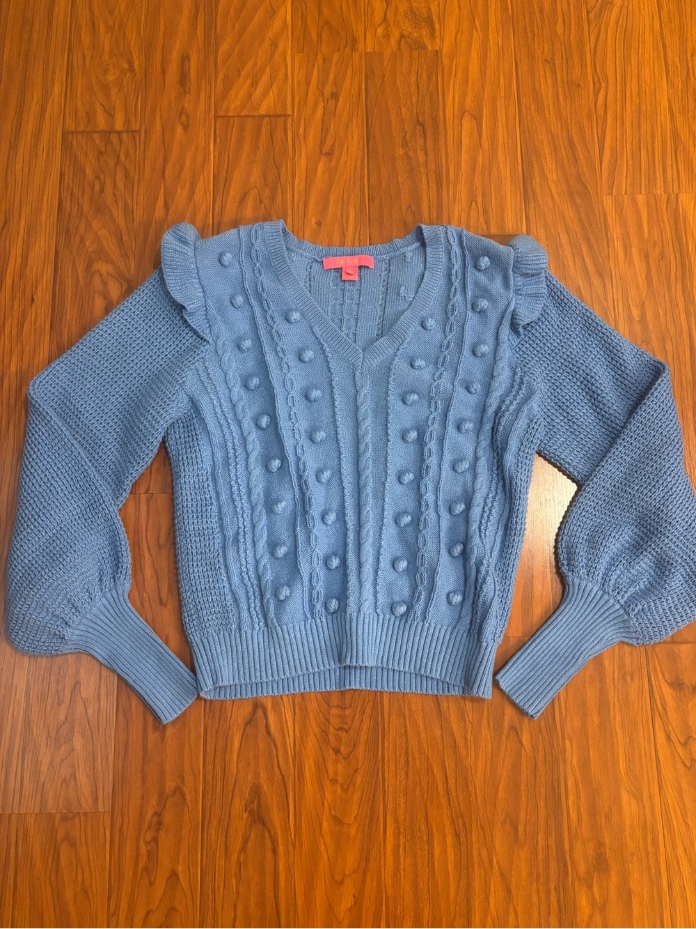 Lilly Pulitzer Greta Blue Pom-Pom V-Neck Knit Sweater Womens Medium